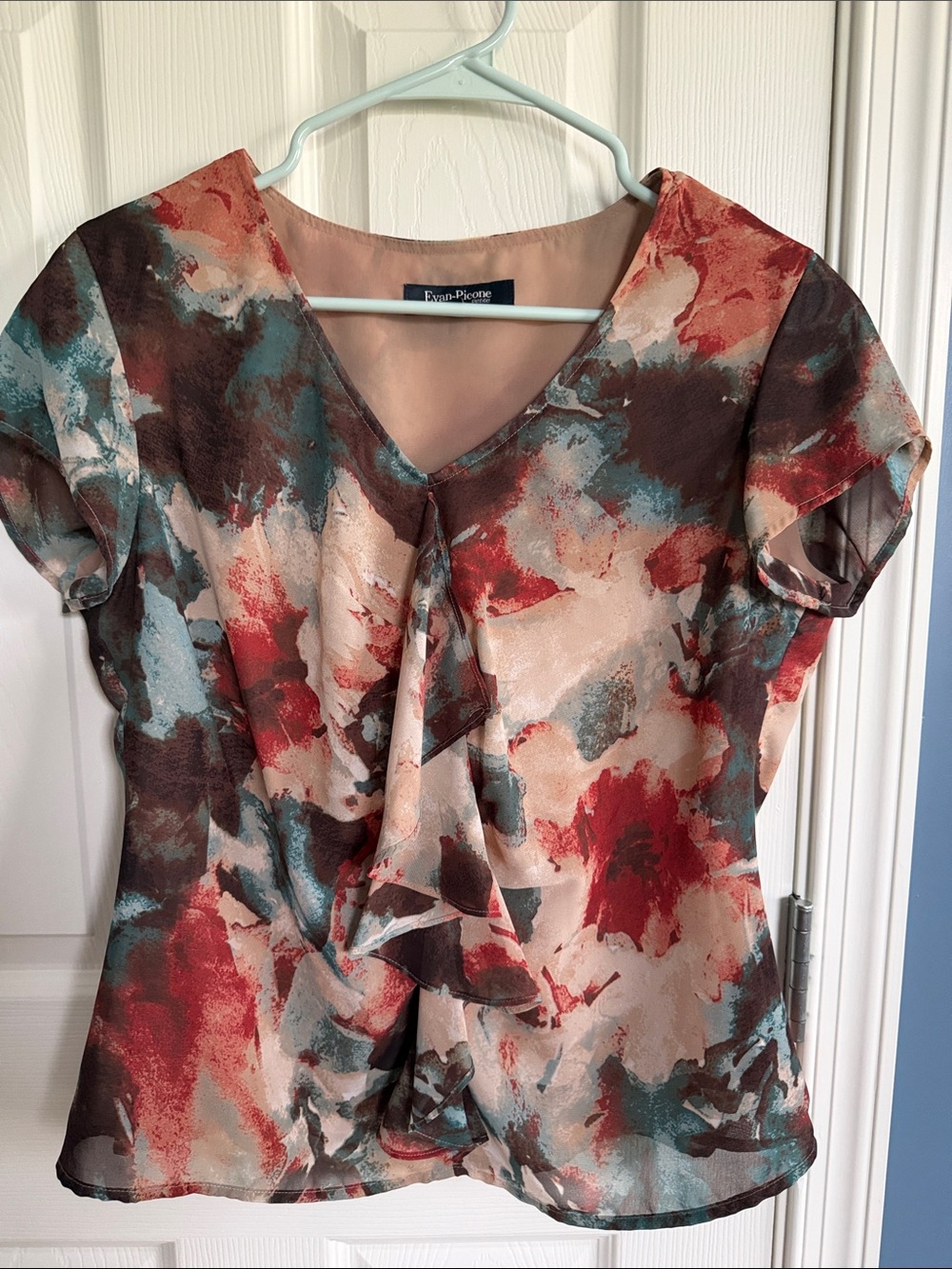 Evan Picone Red Teal Brown Cream Abstract Ruffle V-Neck Blouse